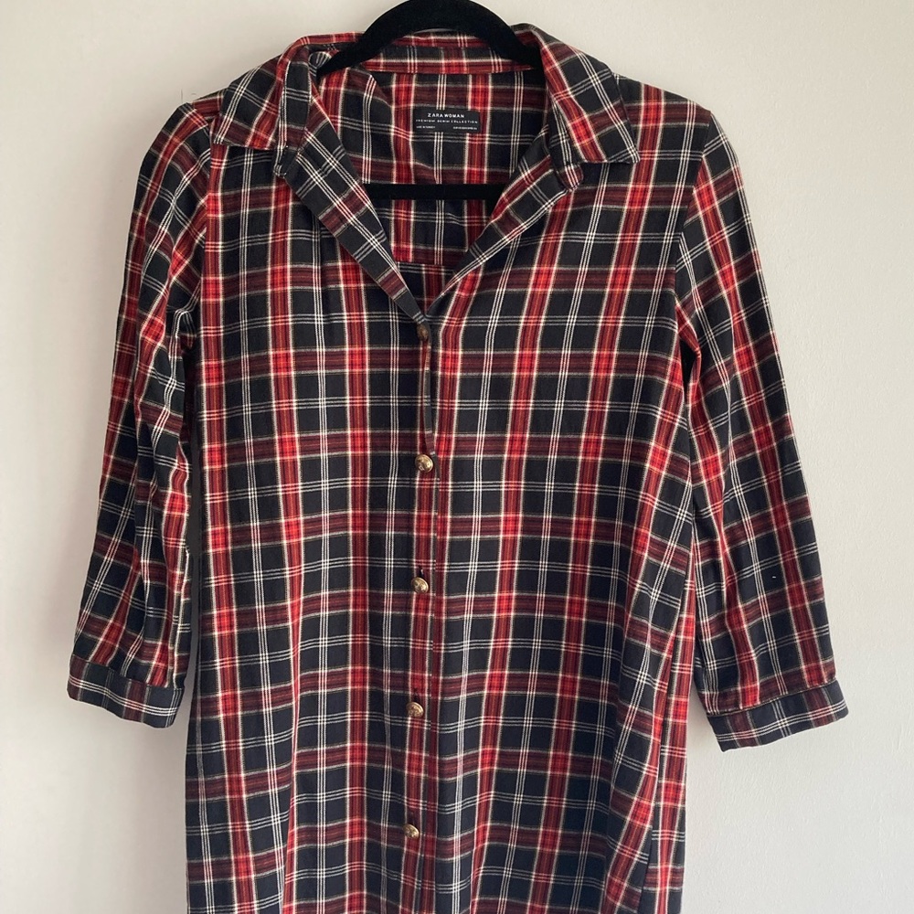 Zara woman button-down plaid shirt dress size X-Small